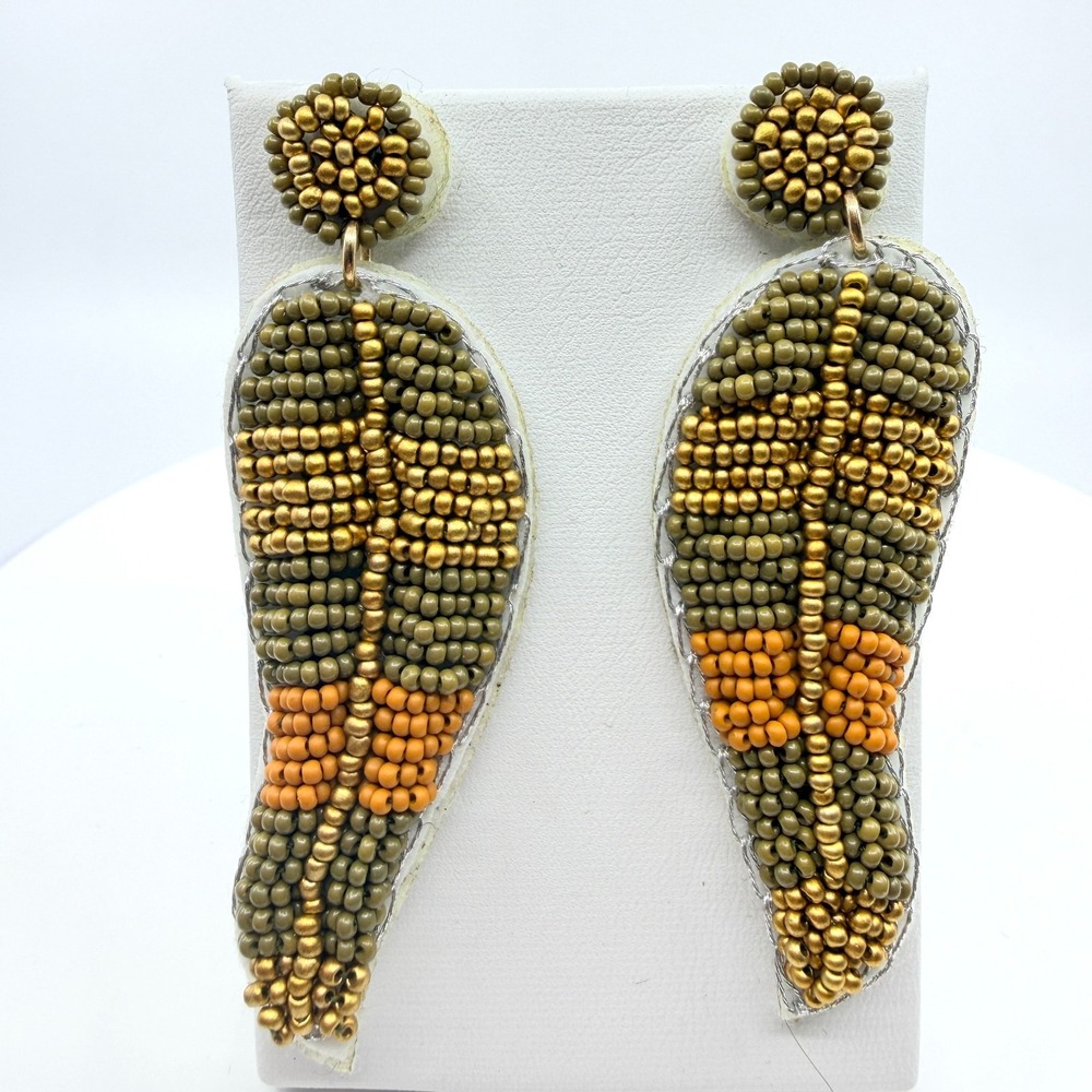 VTG Retro Boho Seed Bead Dangle Drop Statement Earrings Olive Green Gold Tone